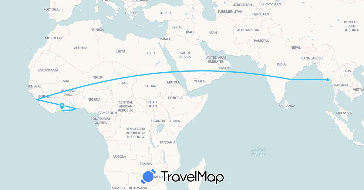 TravelMap itinerary: driving, boat in Côte d'Ivoire, Ghana, Guinea, India, Myanmar (Burma), Togo (Africa, Asia)